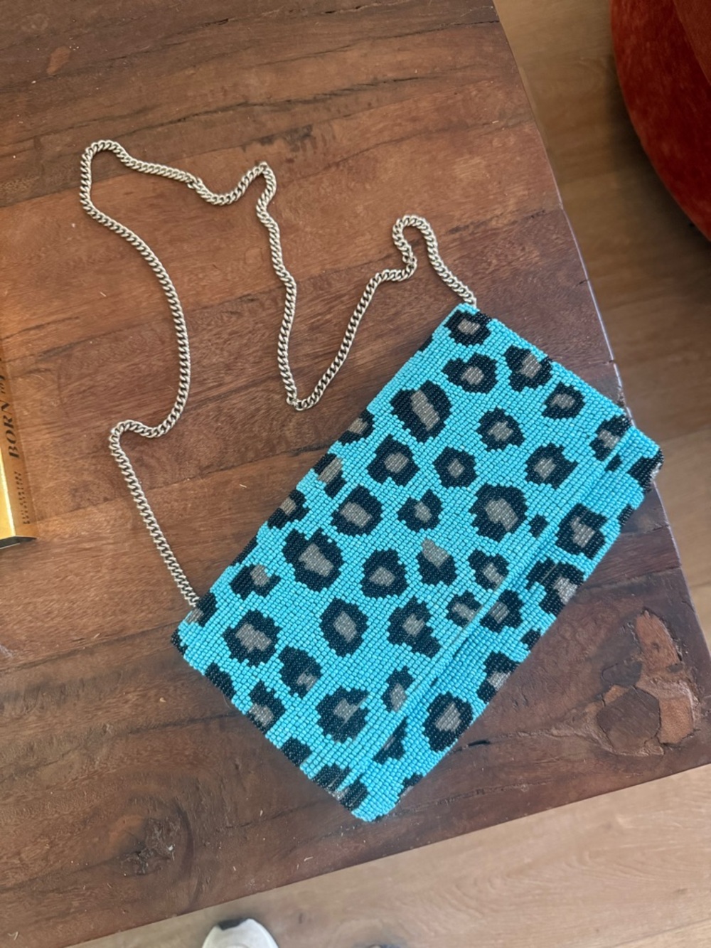 Turquoise Beaded Leopard Print Chain Crossbody Clutch